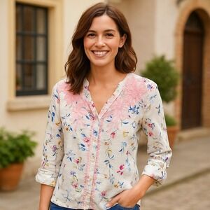 Magazine Floral Embroidered‎ Blouse Cotton Roll Tab Sleeve Button Down Top XL